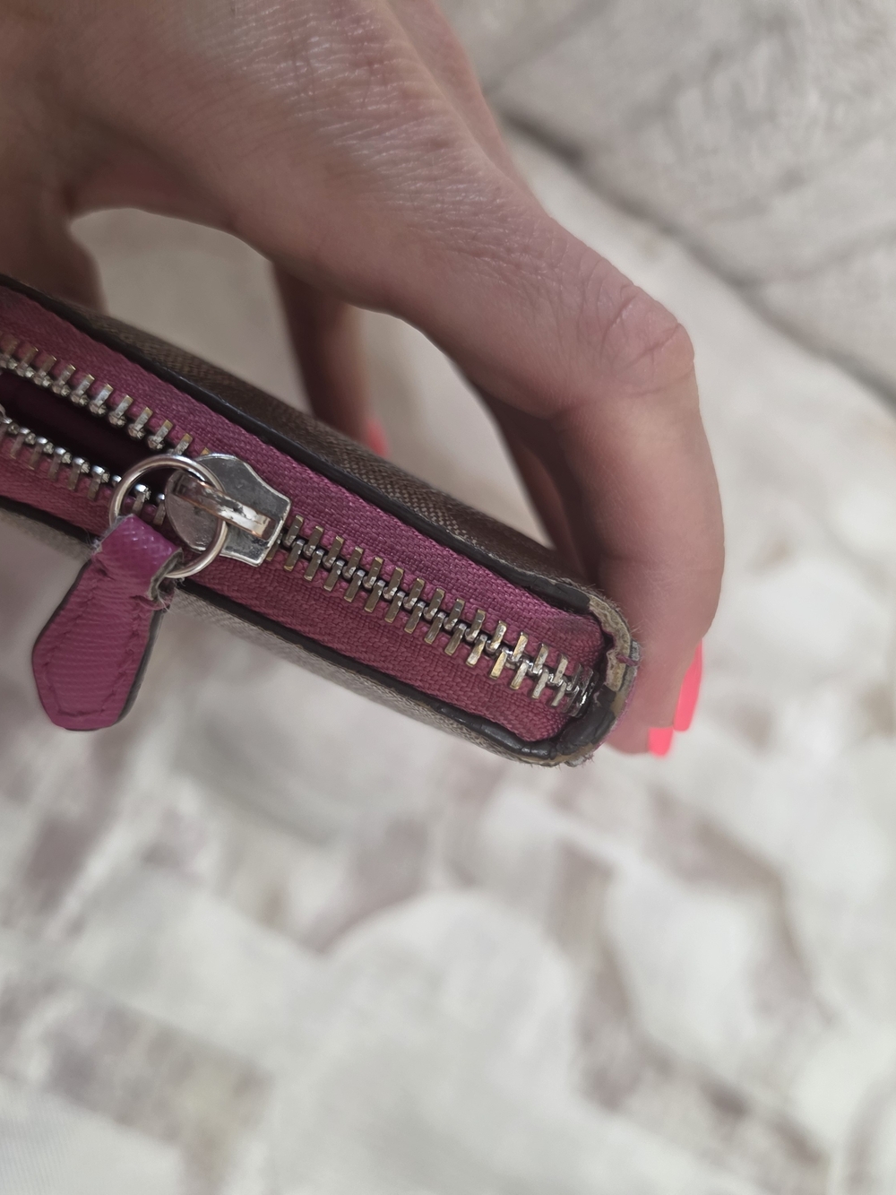 Coach Signature Zip Wallet in Brown with Pink Trim - Picture 6 of 8